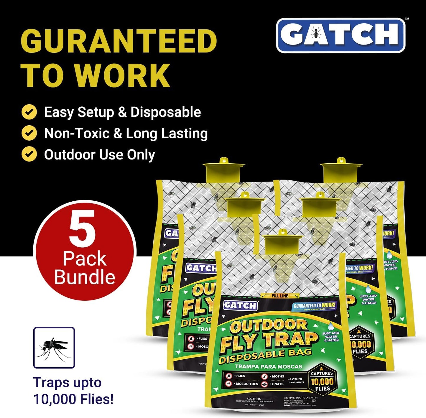 5pk Outdoor Fly Trap Bags, Disposable, Hanging Fly Catcher with Bait, Outdoor Use Fly Hunter Repellent Control Catcher Killer, Flies Trap for Barn, Farm, Mosquito, Bugs, Gnats, Ready to Use