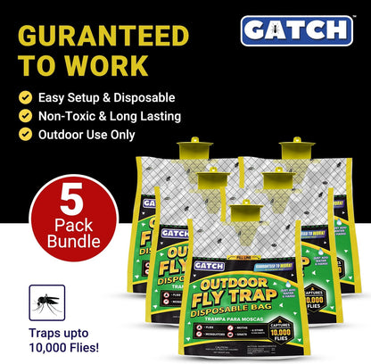 5pk Outdoor Fly Trap Bags, Disposable, Hanging Fly Catcher with Bait, Outdoor Use Fly Hunter Repellent Control Catcher Killer, Flies Trap for Barn, Farm, Mosquito, Bugs, Gnats, Ready to Use
